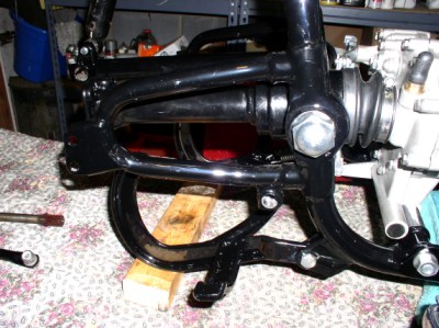 Centerstand and swingarm (with all new bearings, seals and rebuilt u-joint) installed. 